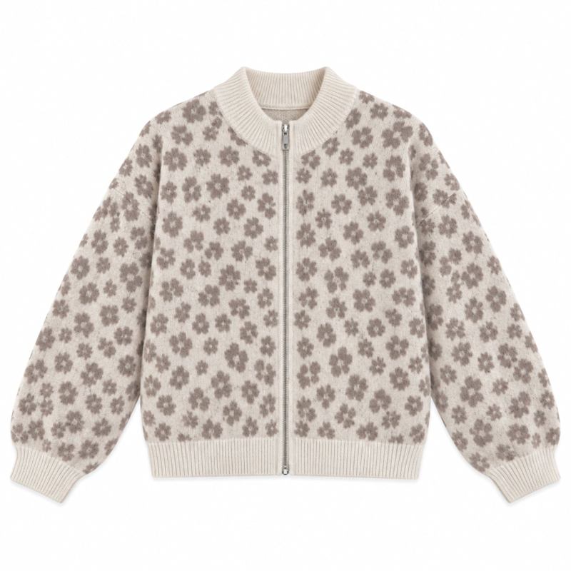 Cream Taupe Floral Knit Cardigan With Ribbed Trims | LAtelier London ...
