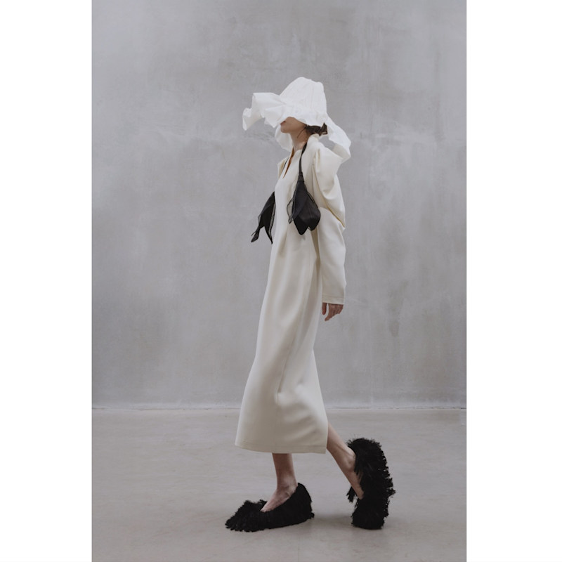 Thumbnail of Crepe Midi Dress With Statement Sleeves – Ivory image