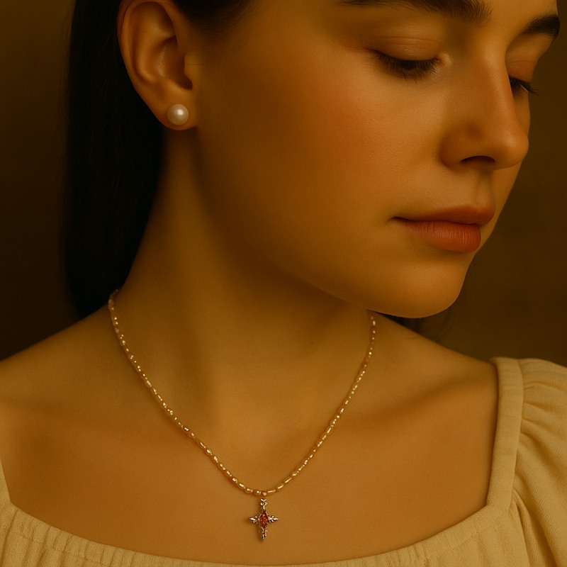 Thumbnail of Crimson Cross Pearl Necklace image