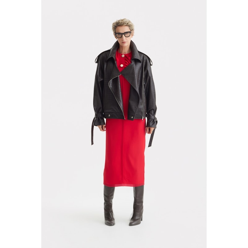 Thumbnail of Croc-Effect Faux Leather Oversized Jacket –  Dark Brown image