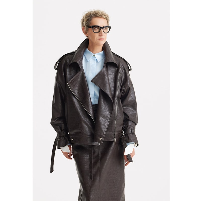Thumbnail of Croc-Effect Faux Leather Oversized Jacket –  Dark Brown image