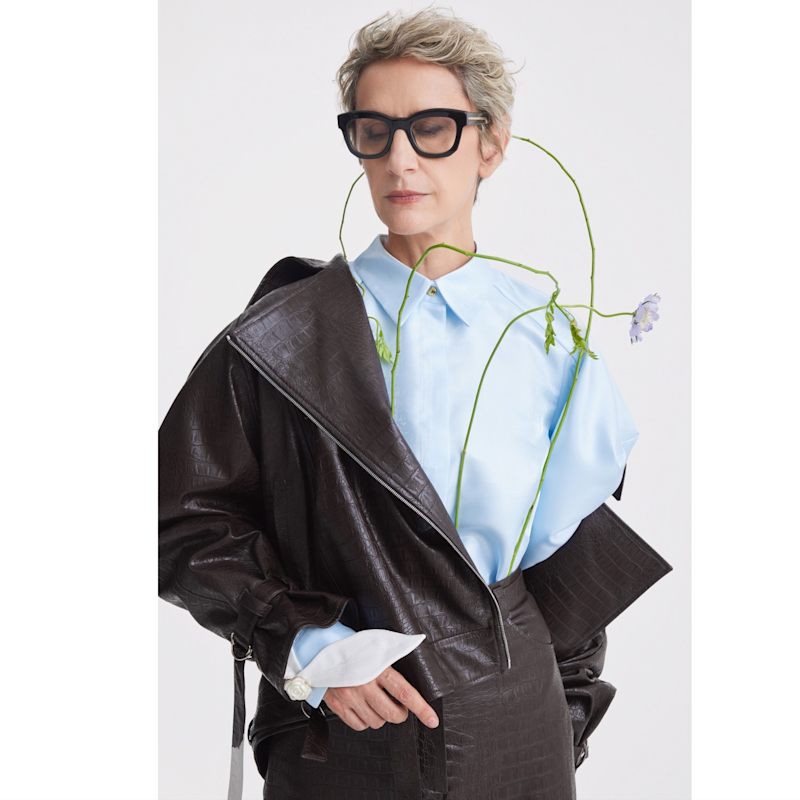 Thumbnail of Croc-Effect Faux Leather Oversized Jacket –  Dark Brown image