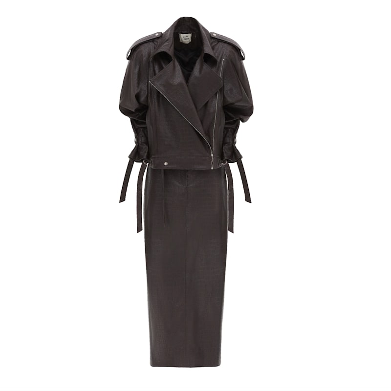 Thumbnail of Croc-Effect Faux Leather Oversized Jacket –  Dark Brown image