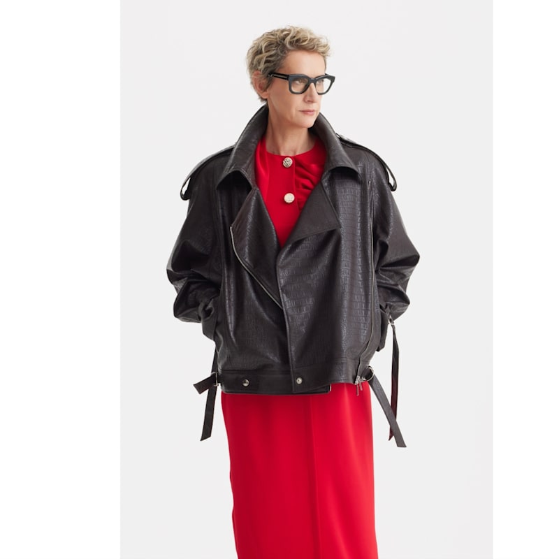 Thumbnail of Croc-Effect Faux Leather Oversized Jacket –  Dark Brown image