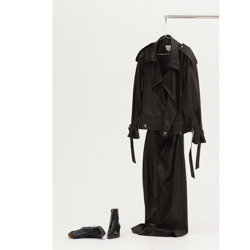 Thumbnail of Croc-Effect Faux Leather Oversized Jacket –  Dark Brown image
