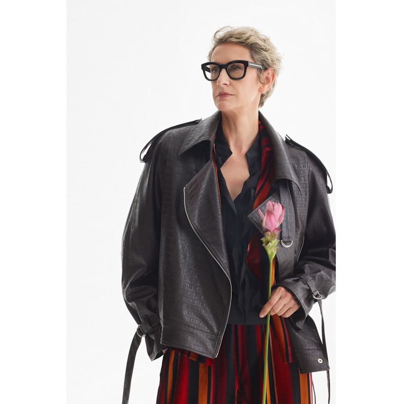 Thumbnail of Croc-Effect Faux Leather Oversized Jacket –  Dark Brown image