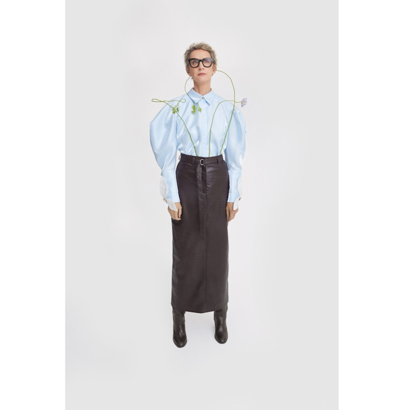 Thumbnail of Croc-Effect Faux Leather Straight Long Skirt With Belt -  Dark Brown image