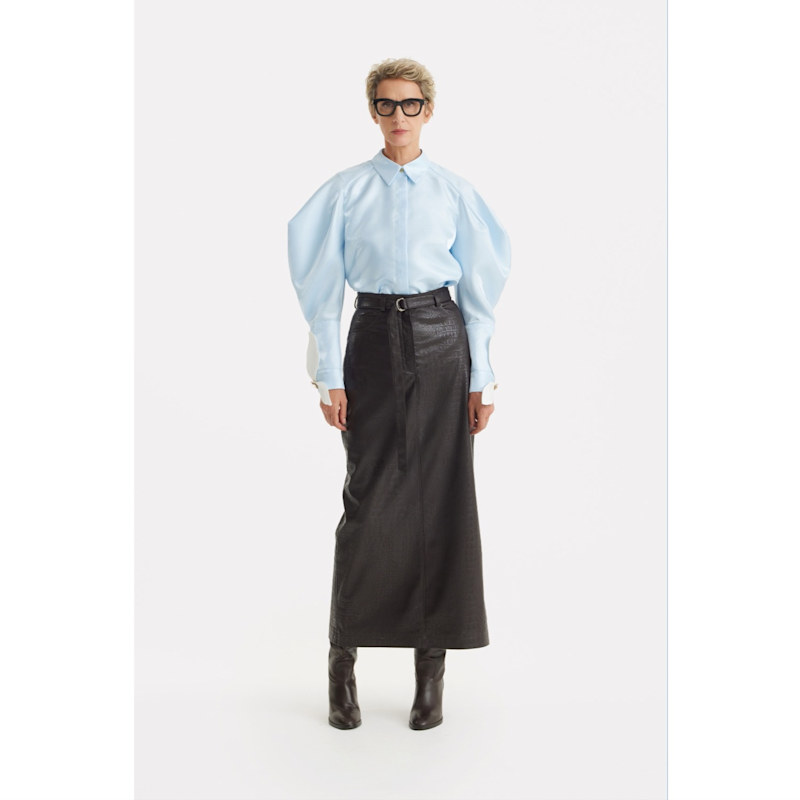 Thumbnail of Croc-Effect Faux Leather Straight Long Skirt With Belt -  Dark Brown image