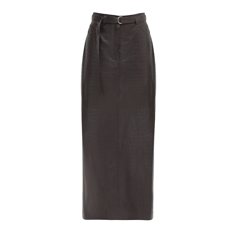 Thumbnail of Croc-Effect Faux Leather Straight Long Skirt With Belt -  Dark Brown image