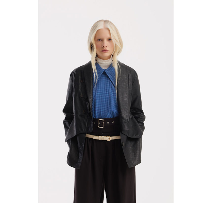 Thumbnail of Croc-Effect Faux Leather Wrap Blazer Jacket – Black image