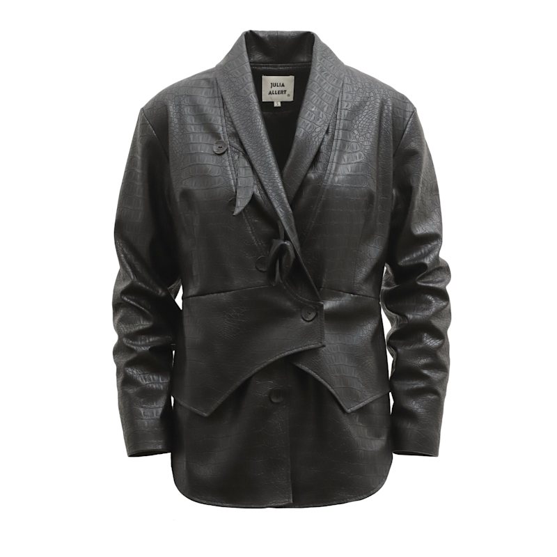 Thumbnail of Croc-Effect Faux Leather Wrap Blazer Jacket – Black image
