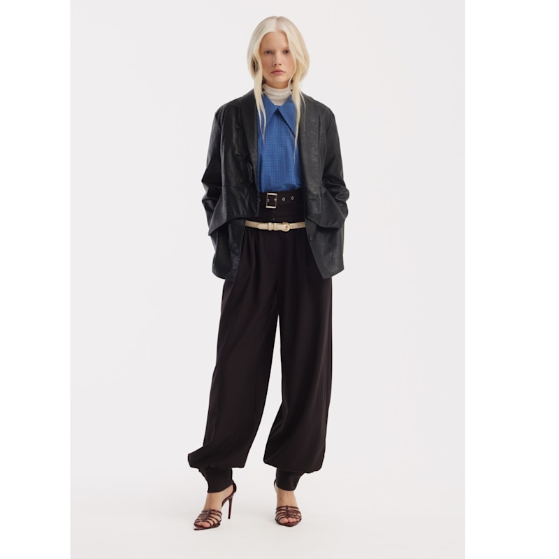Thumbnail of Croc-Effect Faux Leather Wrap Blazer Jacket – Black image