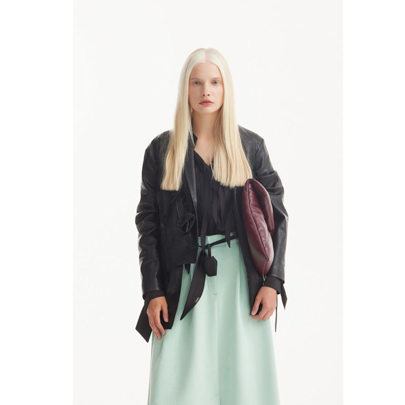 Thumbnail of Croc-Effect Faux Leather Wrap Blazer Jacket – Black image