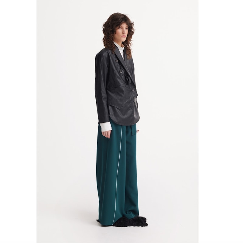 Thumbnail of Croc-Effect Faux Leather Wrap Blazer Jacket – Black image