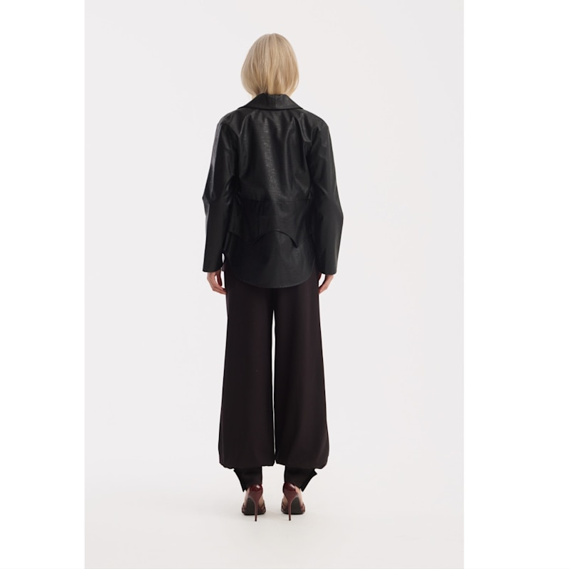 Thumbnail of Croc-Effect Faux Leather Wrap Blazer Jacket – Black image