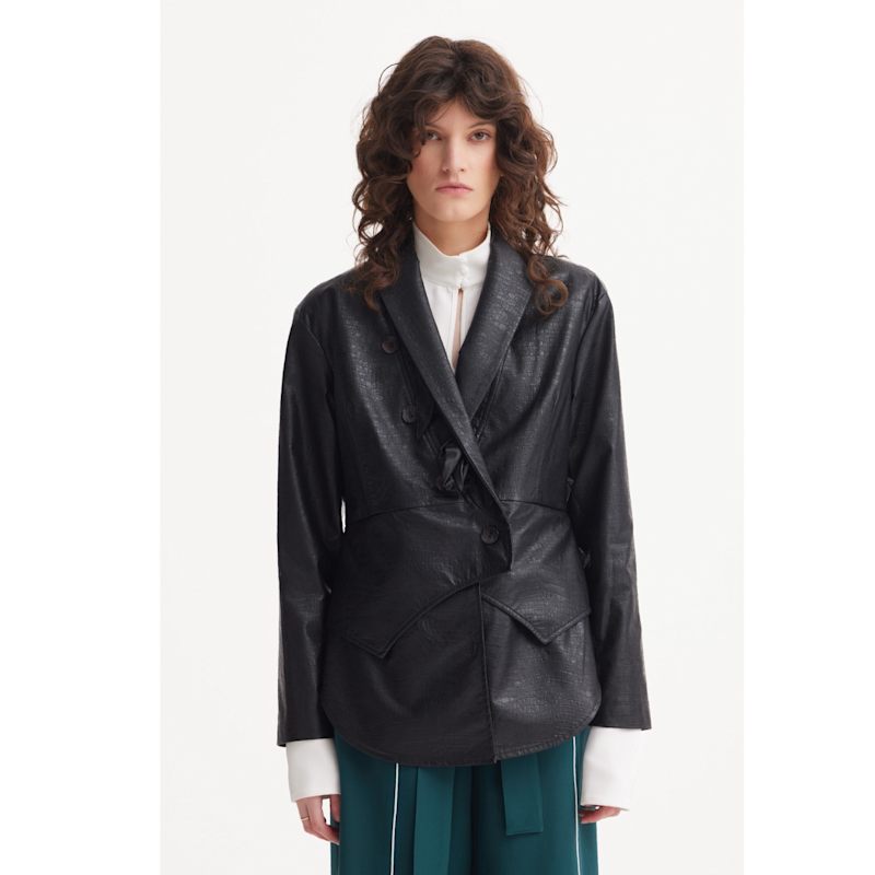 Thumbnail of Croc-Effect Faux Leather Wrap Blazer Jacket – Black image
