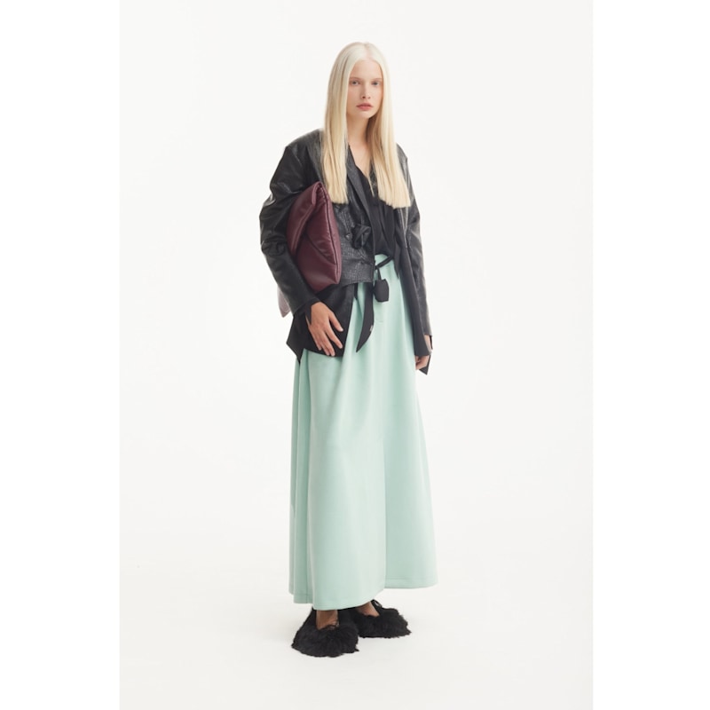 Thumbnail of Croc-Effect Faux Leather Wrap Blazer Jacket – Black image