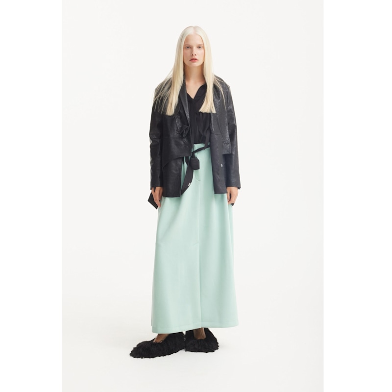 Thumbnail of Croc-Effect Faux Leather Wrap Blazer Jacket – Black image