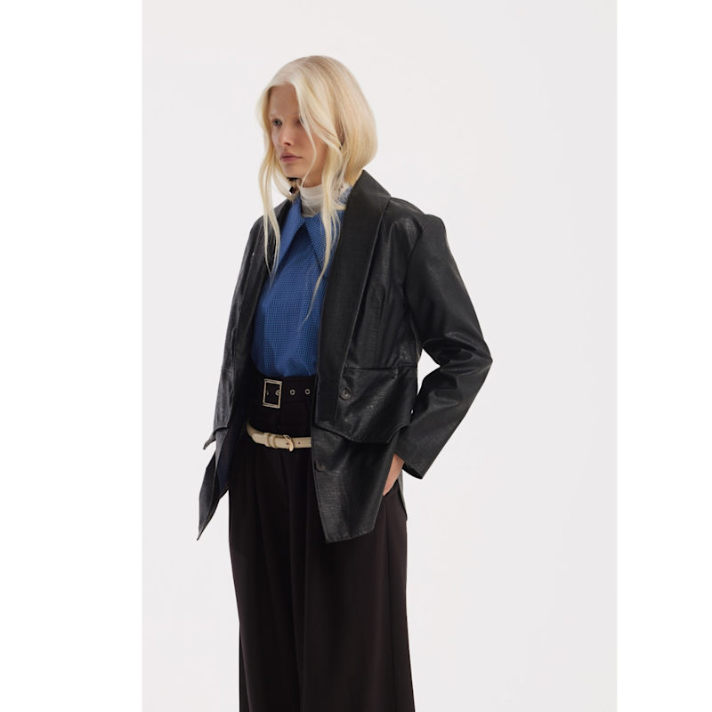 Thumbnail of Croc-Effect Faux Leather Wrap Blazer Jacket – Black image