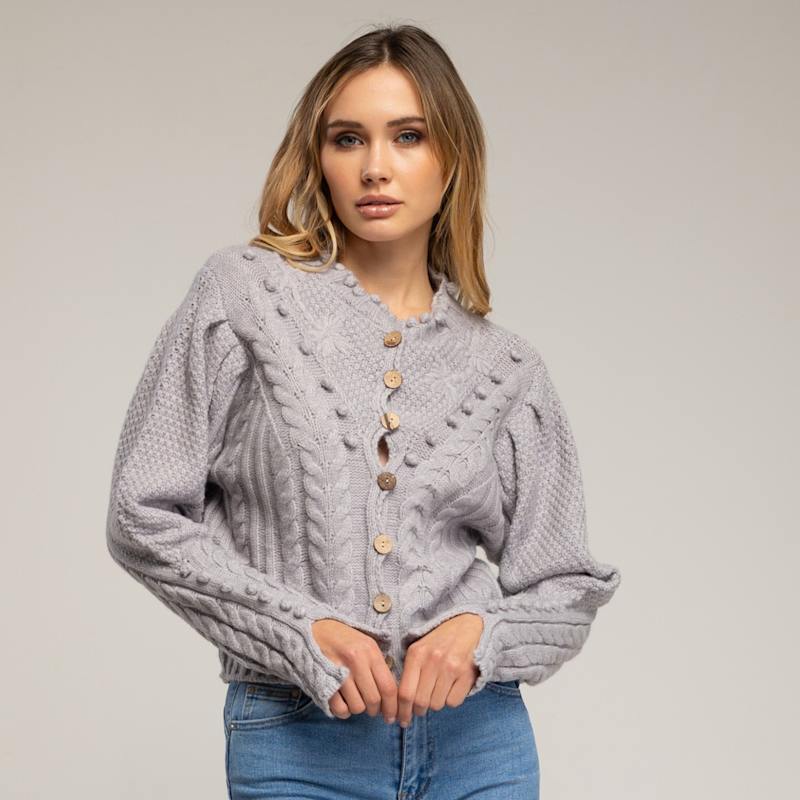 Thumbnail of Crochet Knit Jacket With Pom-Pom And Flower Details Grey image