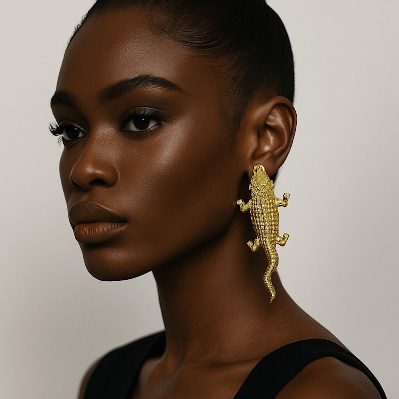Thumbnail of Crocodile Thick Gold Plated Bronze Earrings image