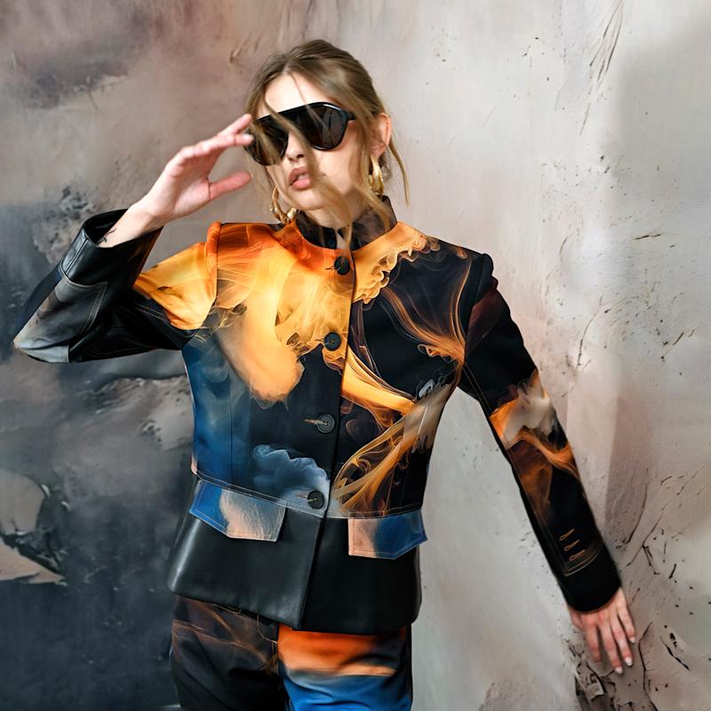 Thumbnail of Cropped Jacket With Vegan Leather Trim And Digital Flame Print image