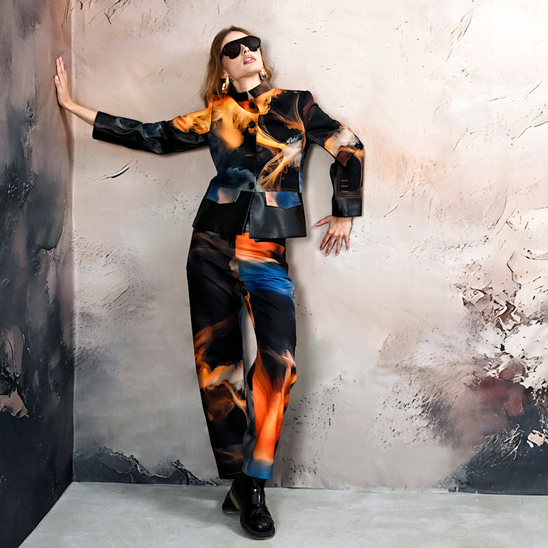 Thumbnail of Cropped Jacket With Vegan Leather Trim And Digital Flame Print image
