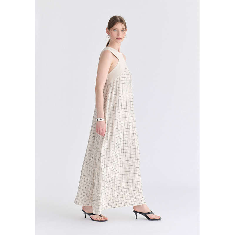 Thumbnail of Cross Strap Halterneck Maxi Dress In Oatmeal And Black image