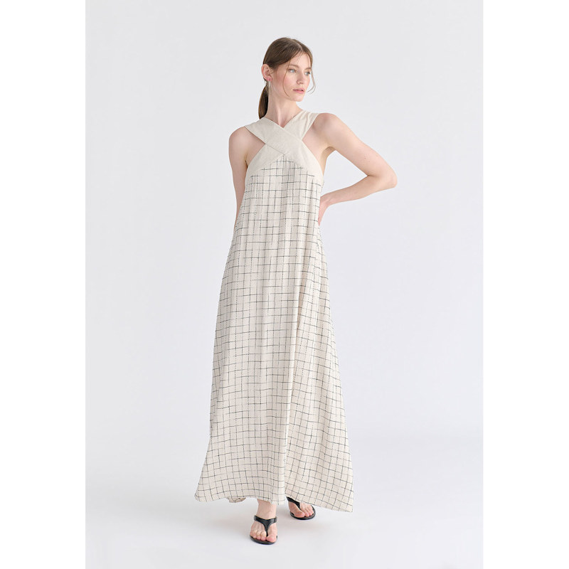 Thumbnail of Cross Strap Halterneck Maxi Dress In Oatmeal And Black image