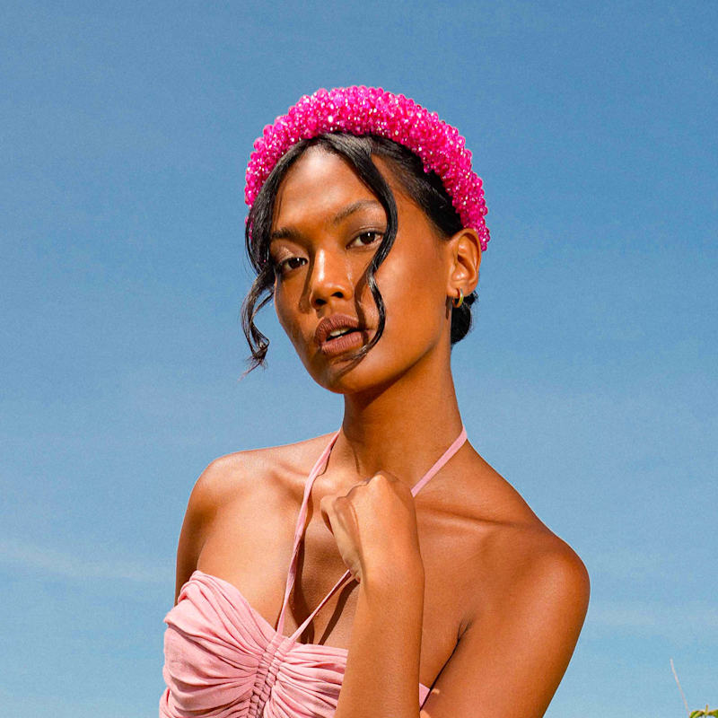 Crown Glass Crystal Beads Headband In Shocking Pink | Brunna.Co