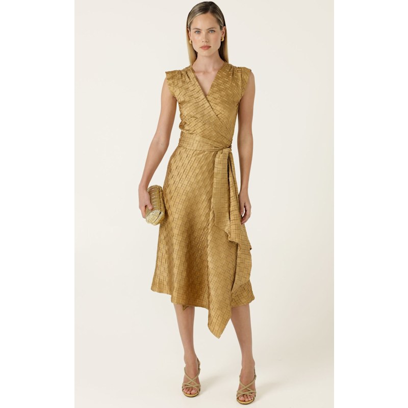 gold wrap dress midi Crown Textured Satin In by SACHA DRAKE FB-DD