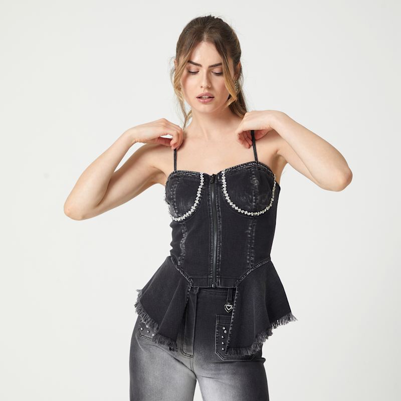 Hand Stitched Crystal Embellished Denim Corset Top With Ruffles