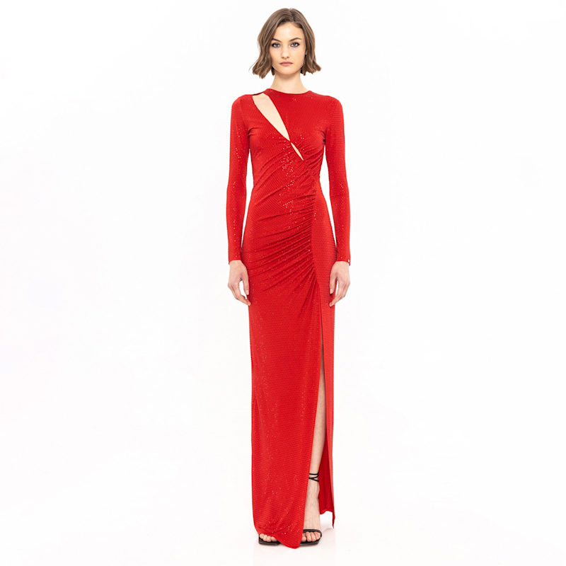 strapless open back dress [FINAL SALE] Red Lace Open Back Floor Length Silky Chiffon Formal Evening Mother Dress Red / M / N10