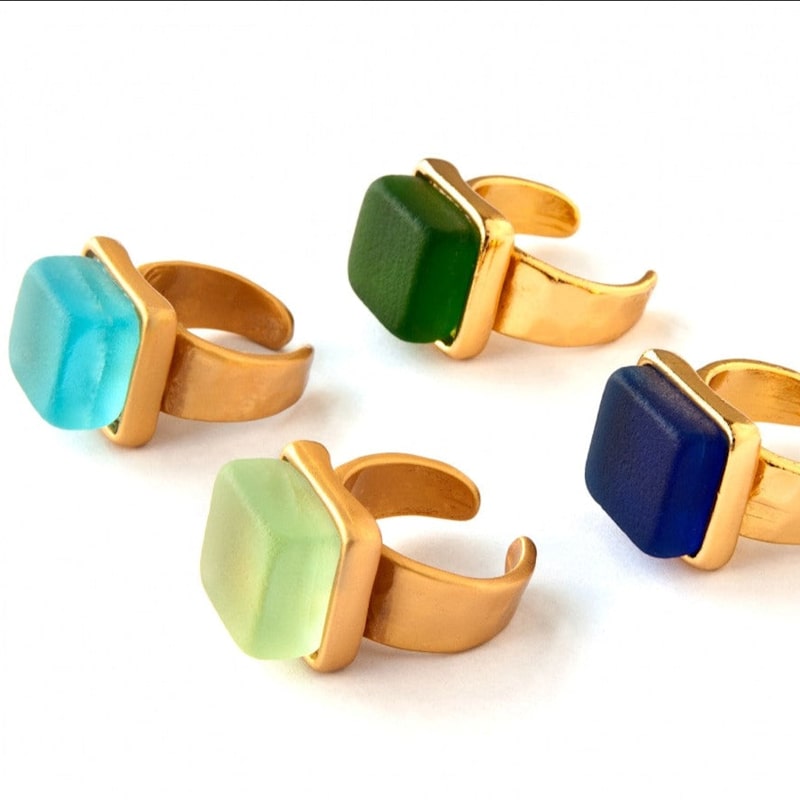 Thumbnail of Recycled Gin Bottle Cube Gold Ring Aqua image
