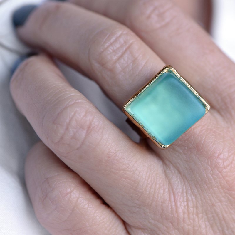 Thumbnail of Recycled Gin Bottle Cube Gold Ring Aqua image