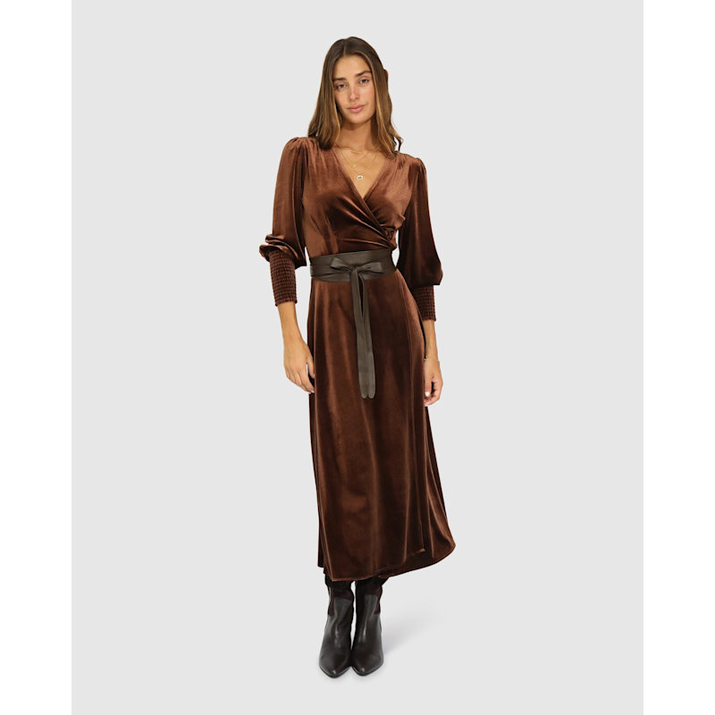 chocolate brown velvet dress Arianna Chocolate Brown Velvet Embroidered Panel Maxi Dress XS main image 1