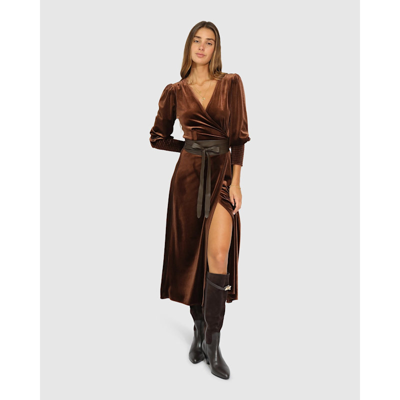 brown velvet wrap dress Luxe Feeling Velvet Dress: Brown main image 1