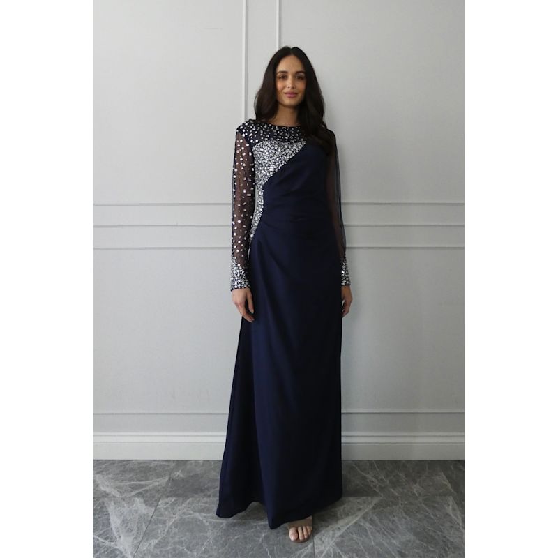 Thumbnail of Cyra A Beautifully Cut Navy Floor Length Gown With Elegant Stone Work On The Sleeves & Bust Gown image