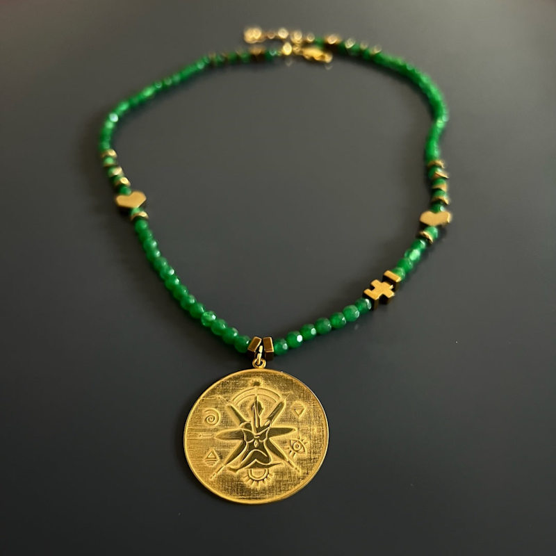 Thumbnail of Green Jade Stone Spiritual Soul Gold Medallion Pendant Necklace - Green image