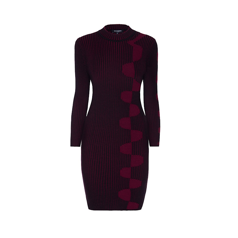 Luna Two-Tone Ribbed Knit Dress With Graphic Detail In Red | Rumour London  | Wolf & Badger