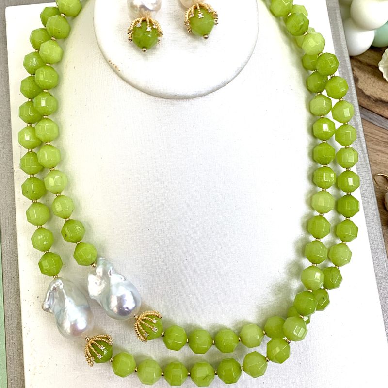 Thumbnail of Green Jade With Baroque Pearl Double Strands Necklace image