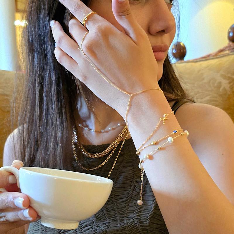 Thumbnail of Dainty Beaded Link Chain Gold Plated Bracelet And Ring image