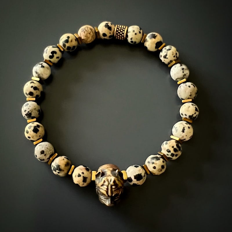 Thumbnail of Dalmatian Jasper Beaded Dog Charm Bracelet - White image