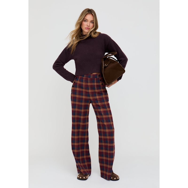 Thumbnail of Damson High Waisted Tartan Print Trouser In Burgundy image