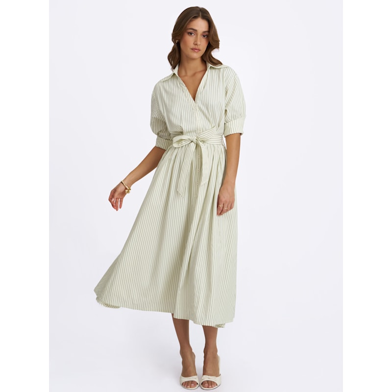 Thumbnail of Danica Pine Green Bamboo Poplin Striped Shirt Midi Dress image