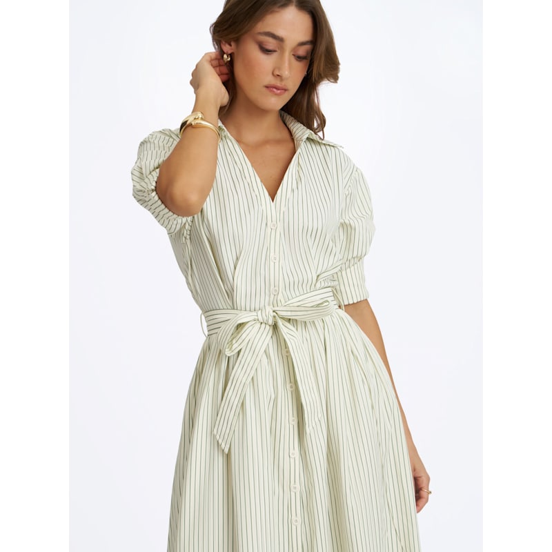 Thumbnail of Danica Pine Green Bamboo Poplin Striped Shirt Midi Dress image