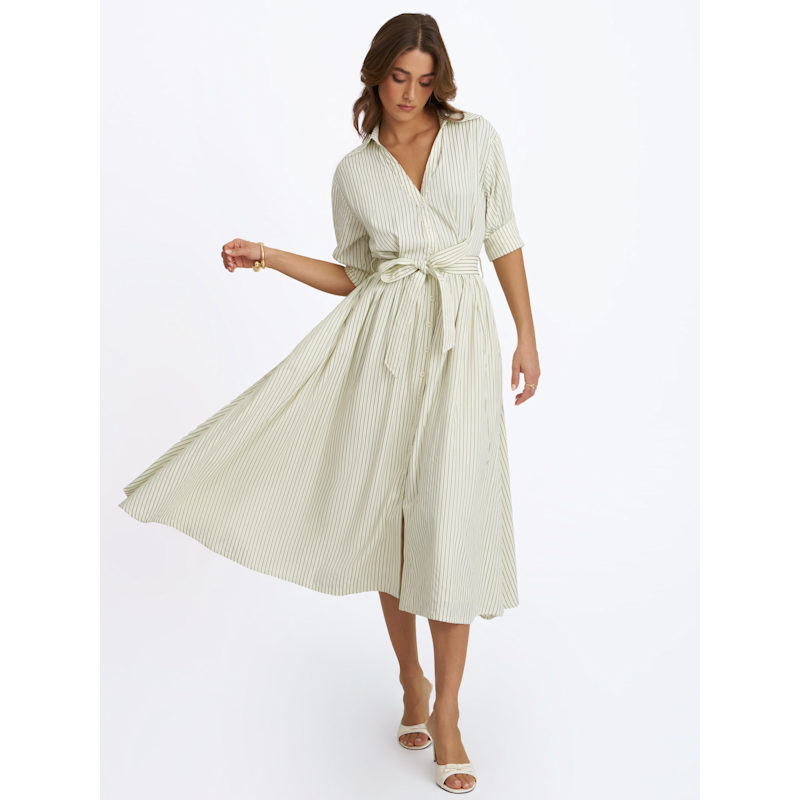 Thumbnail of Danica Pine Green Bamboo Poplin Striped Shirt Midi Dress image