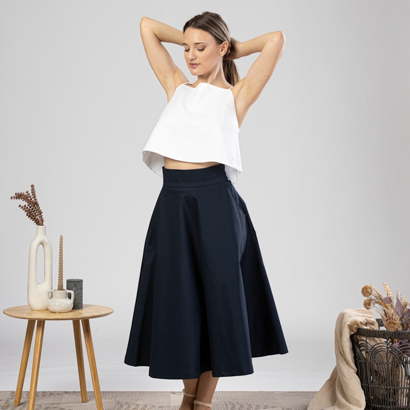 Thumbnail of Cotton Midi Flared Skirt With High Waist And Pockets In Dark Blue image