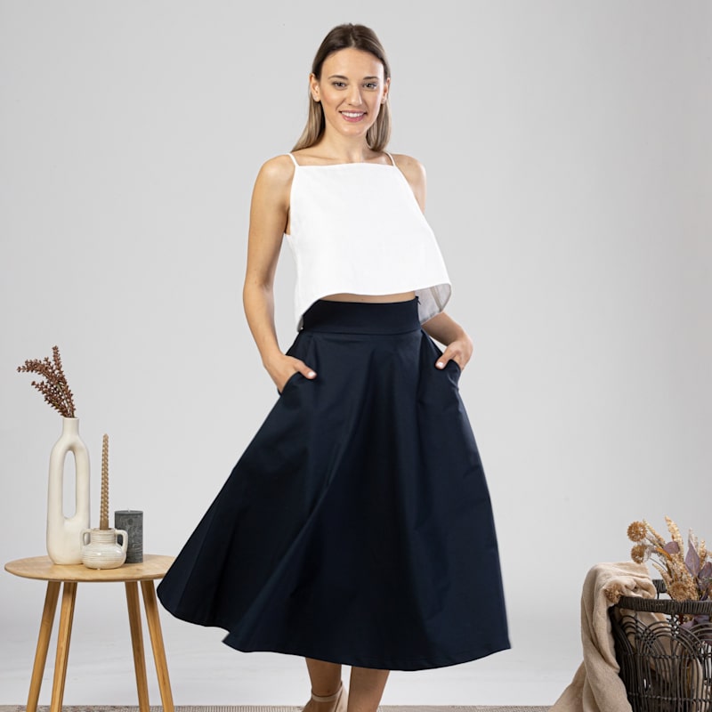 Thumbnail of Cotton Midi Flared Skirt With High Waist And Pockets In Dark Blue image