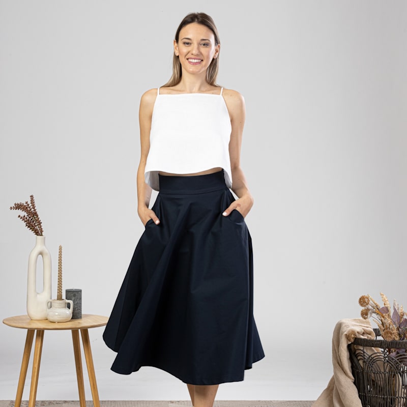 Thumbnail of Cotton Midi Flared Skirt With High Waist And Pockets In Dark Blue image